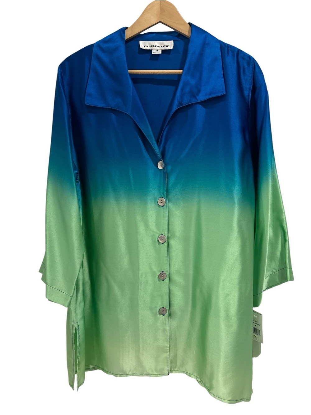 NWT Caroline Rose Silk Ombre Green Blue Art To Wear Button Up Blouse - M